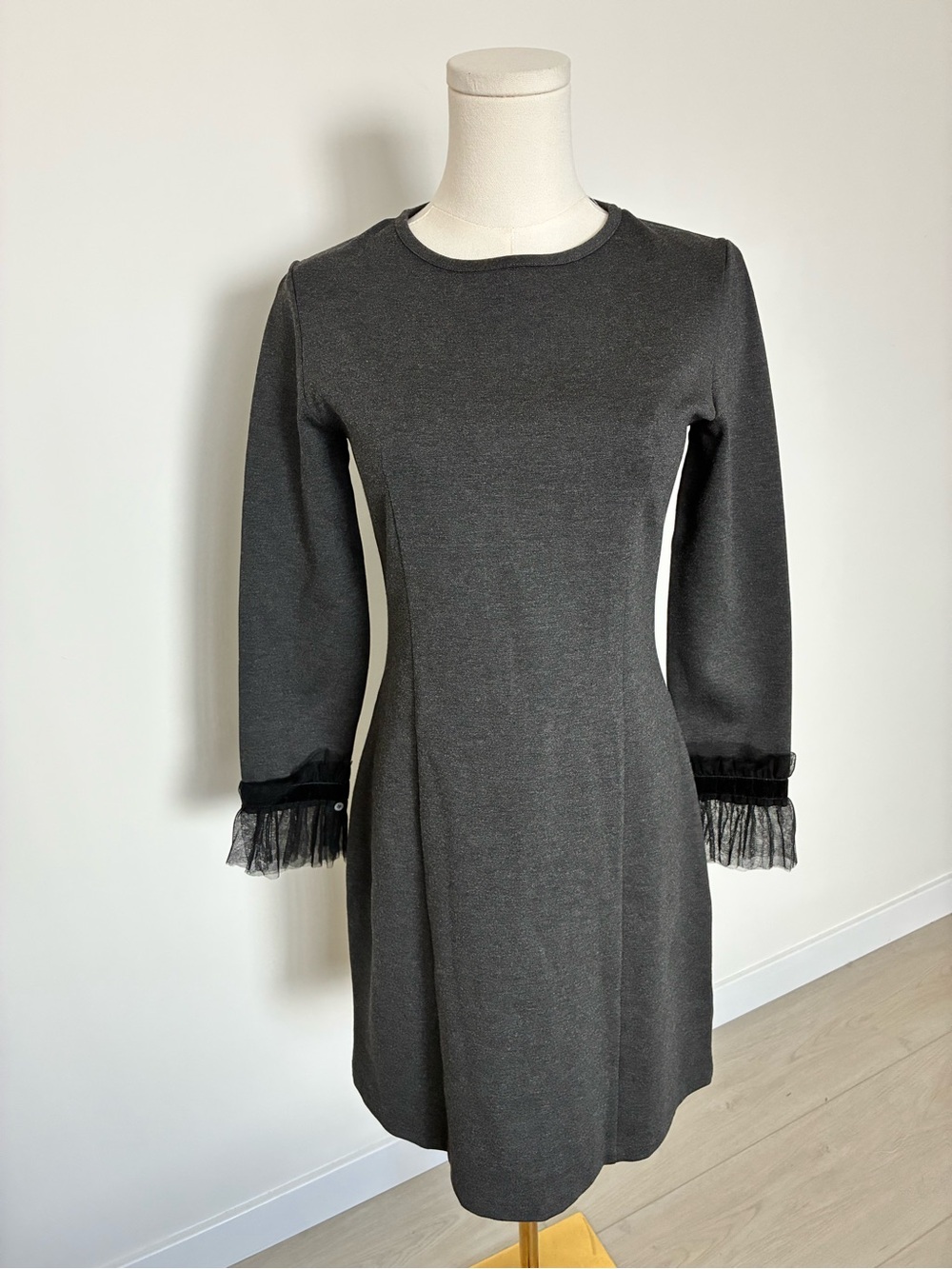 J. Crew Charcoal Gray Long-Sleeve Dress with Tulle Cuffs